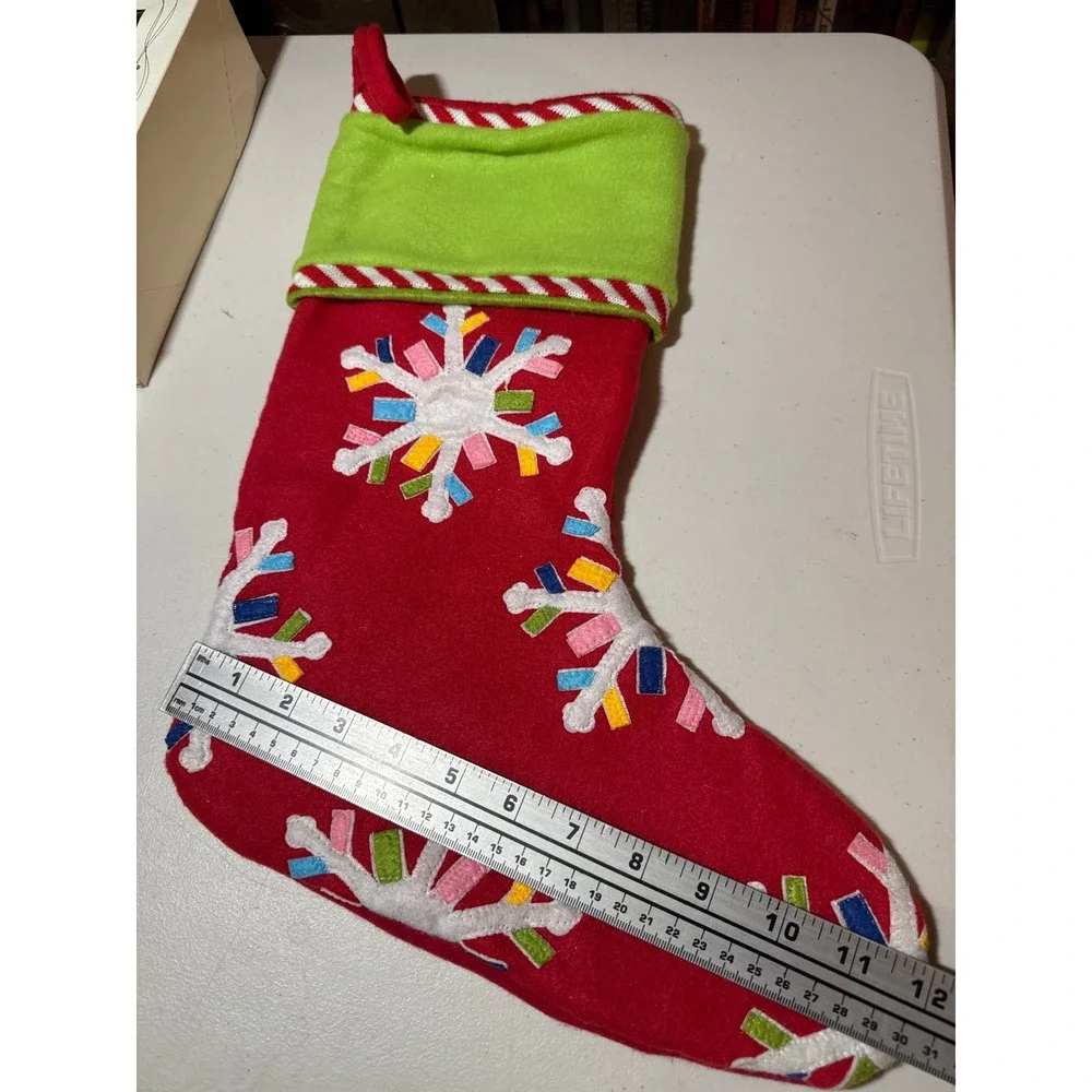 Tai-Pan Trading Red Snowflake Christmas Stocking Green Cuff Candy Cane Trim 16in